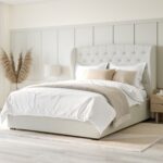 Cream Fabric Small Double Ottoman Bed with Winged Headboard - Safina