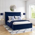 Navy Blue Velvet King Size Bed Frame with Cushioned Headboard - Maddox