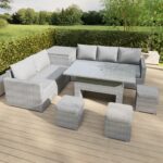 8 Seater Grey Rattan Garden Corner Dining Sofa Set with Height Adjustable Table - Fortrose
