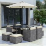 8 Seater Grey Rattan Cube Garden Dining Set - Parasol Included - Fortrose