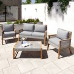 4 Seater Grey Rattan Garden Sofa Set With Solid Wood Frame - Aspen