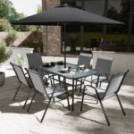 6 Seater Grey Metal Stackable Garden Dining Set with Free Parasol and Base - Fortrose - Image 9