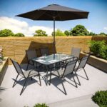 6 Seater Grey Metal Stackable Garden Dining Set with Free Parasol and Base - Fortrose - Image 6