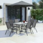 6 Seater Grey Metal Stackable Garden Dining Set with Free Parasol and Base - Fortrose - Image 8