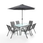 6 Seater Grey Metal Stackable Garden Dining Set with Free Parasol and Base - Fortrose - Image 2