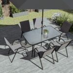 6 Seater Grey Metal Stackable Garden Dining Set with Free Parasol and Base - Fortrose - Image 14