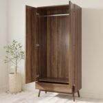 Walnut Mid-Century Double Wardrobe with Drawer - Frances - Image 5