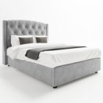 Grey Velvet Double Ottoman Bed with Chesterfield Studded Headboard - Safina - Image 3
