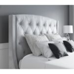 Grey Velvet Double Ottoman Bed with Chesterfield Studded Headboard - Safina - Image 2