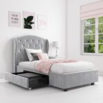 Grey Velvet Single Bed Frame with Storage Drawer - Safina - Image 6