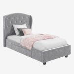 Grey Velvet Single Bed Frame with Storage Drawer - Safina - Image 4